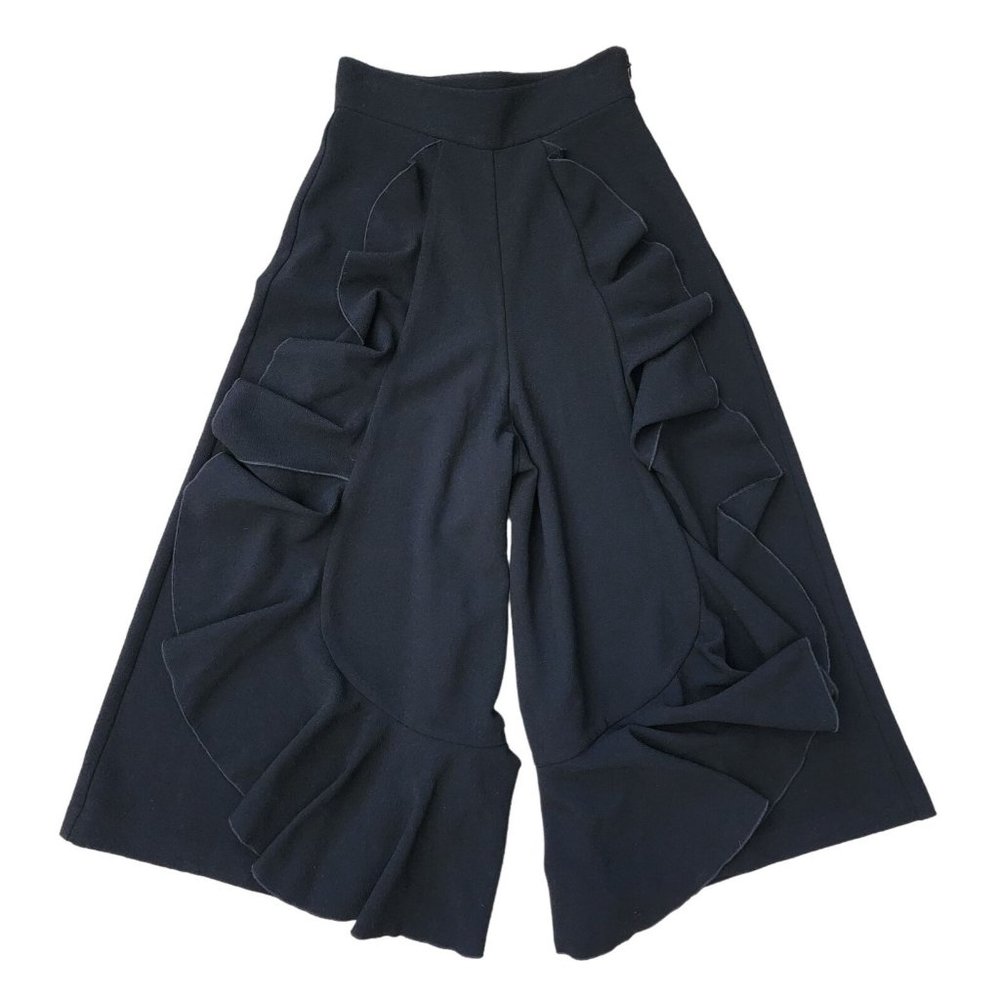 Alexis Ruffle Black Pants Wide Leg High Waist Cropped Extra Small XS